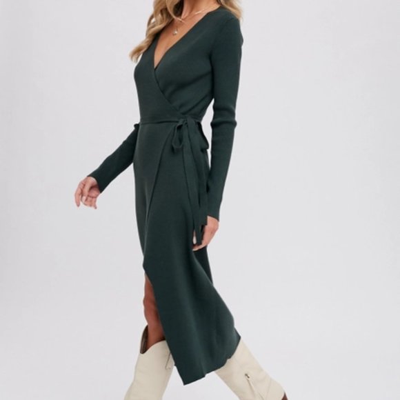 RIBBED WRAP SWEATER DRESS - HUNTER GREEN - Picture 2 of 3
